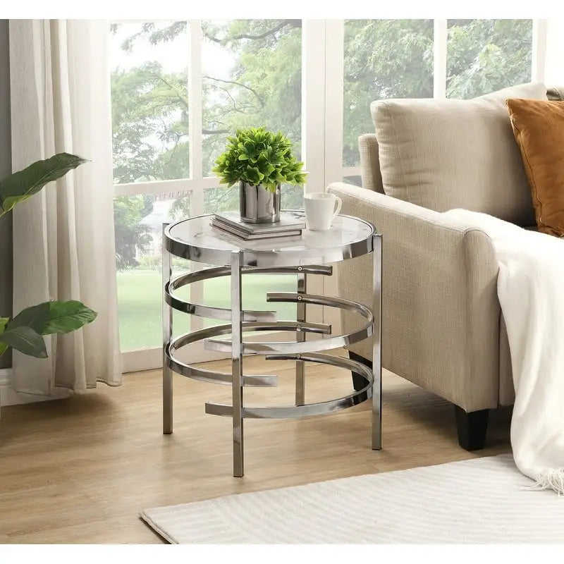 Table d'appoint ronde avec plateau en pierre frittée et piètement métallique en forme d'anneau, gris / argenté / doré