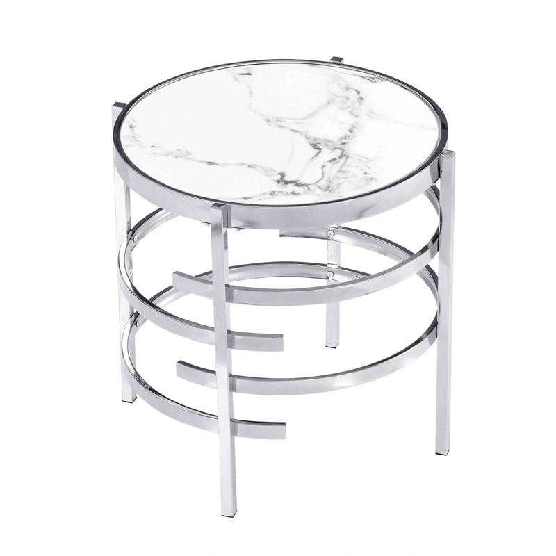 Table d'appoint ronde avec plateau en pierre frittée et piètement métallique en forme d'anneau, gris / argenté / doré