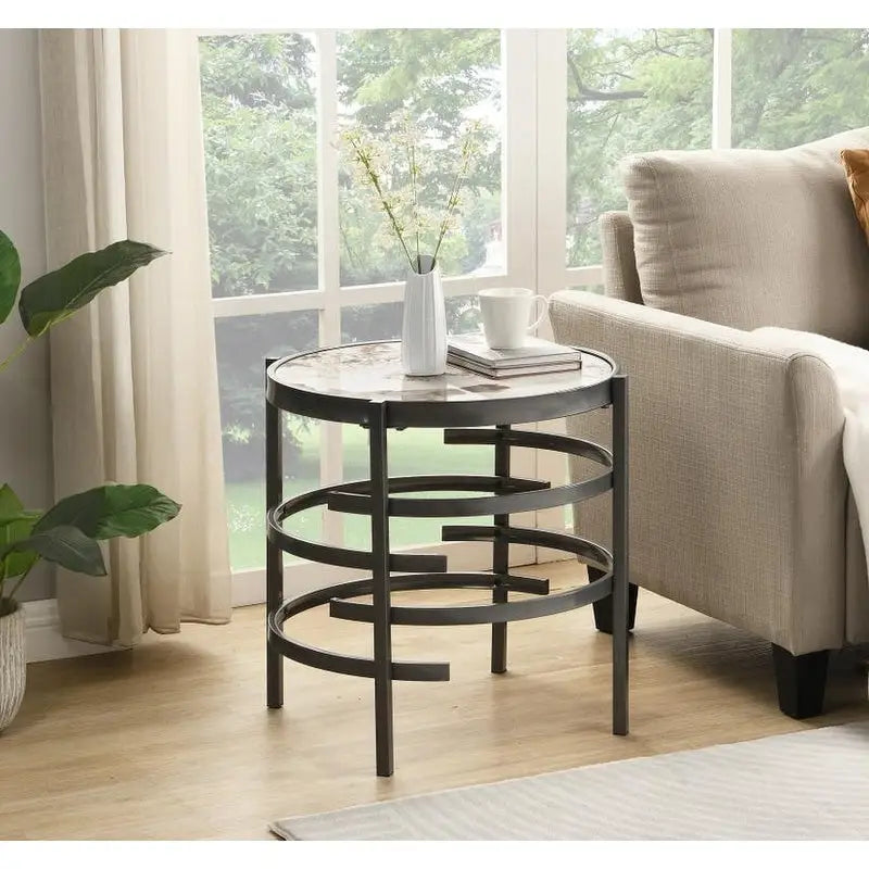 Table d'appoint ronde avec plateau en pierre frittée et piètement métallique en forme d'anneau, gris / argenté / doré