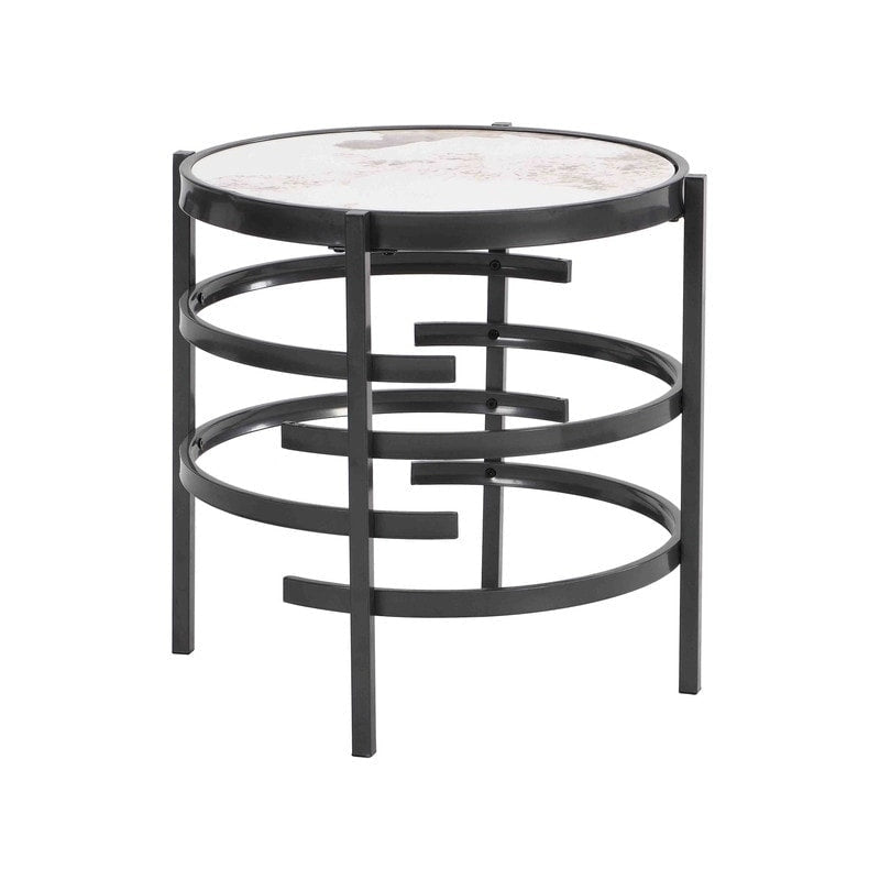 Table d'appoint ronde avec plateau en pierre frittée et piètement métallique en forme d'anneau, gris / argenté / doré