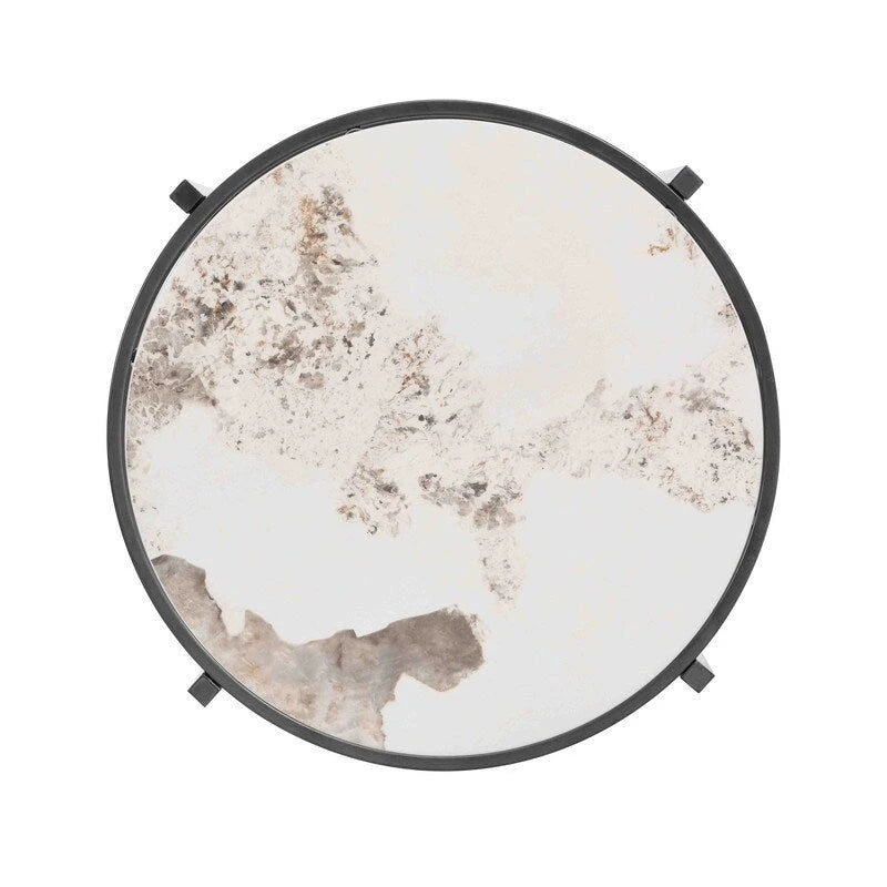 Table d'appoint ronde avec plateau en pierre frittée et piètement métallique en forme d'anneau, gris / argenté / doré