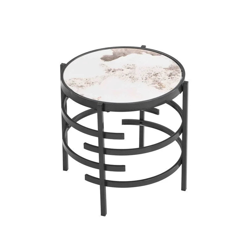 Table d'appoint ronde avec plateau en pierre frittée et piètement métallique en forme d'anneau, gris / argenté / doré