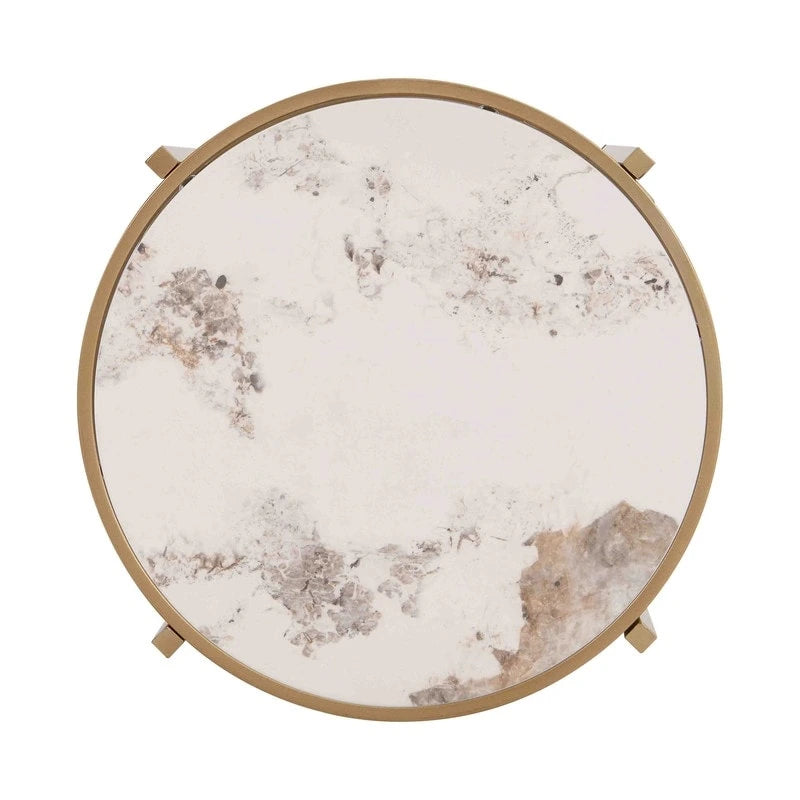 Table d'appoint ronde avec plateau en pierre frittée et piètement métallique en forme d'anneau, gris / argenté / doré