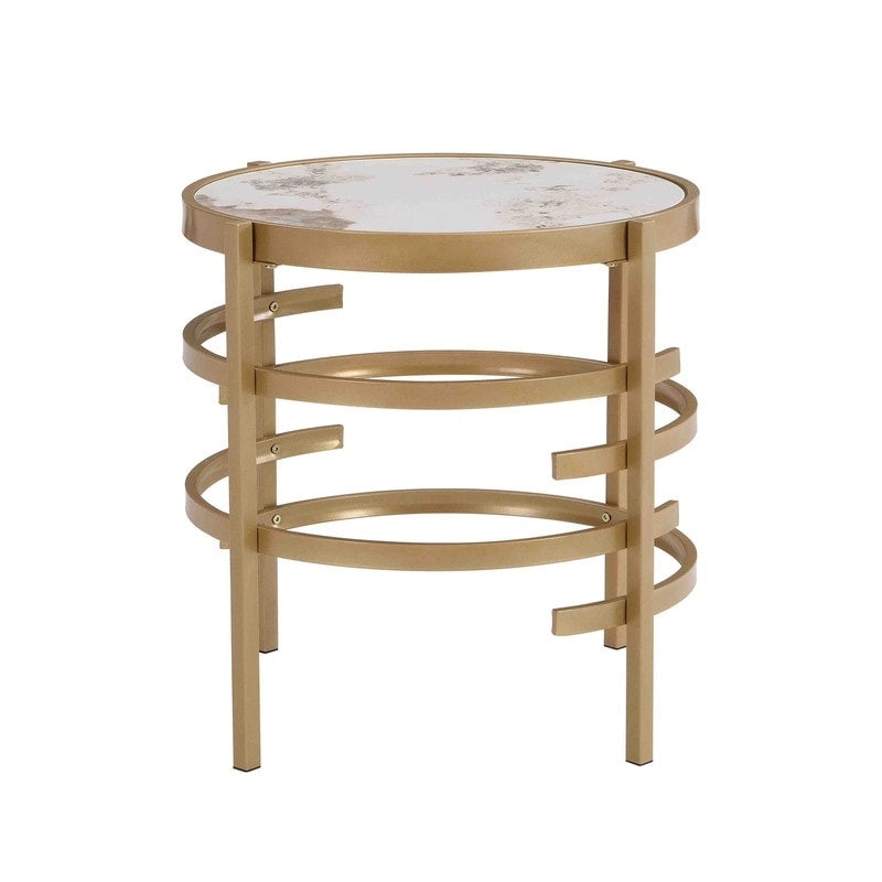 Table d'appoint ronde avec plateau en pierre frittée et piètement métallique en forme d'anneau, gris / argenté / doré
