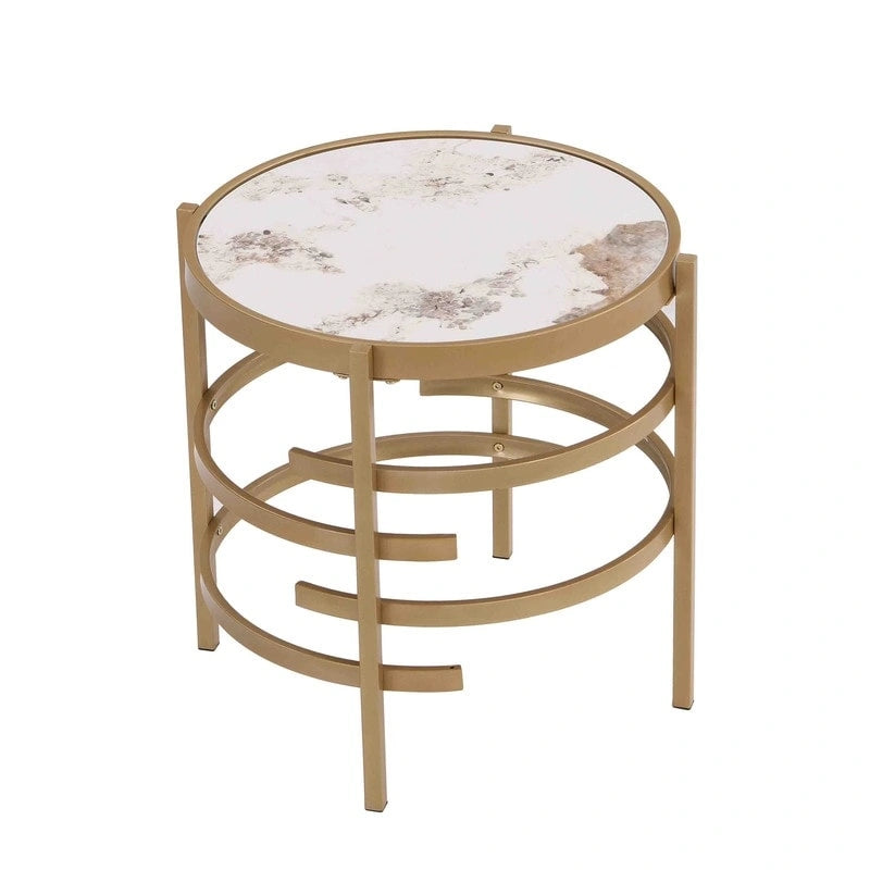 Table d'appoint ronde avec plateau en pierre frittée et piètement métallique en forme d'anneau, gris / argenté / doré