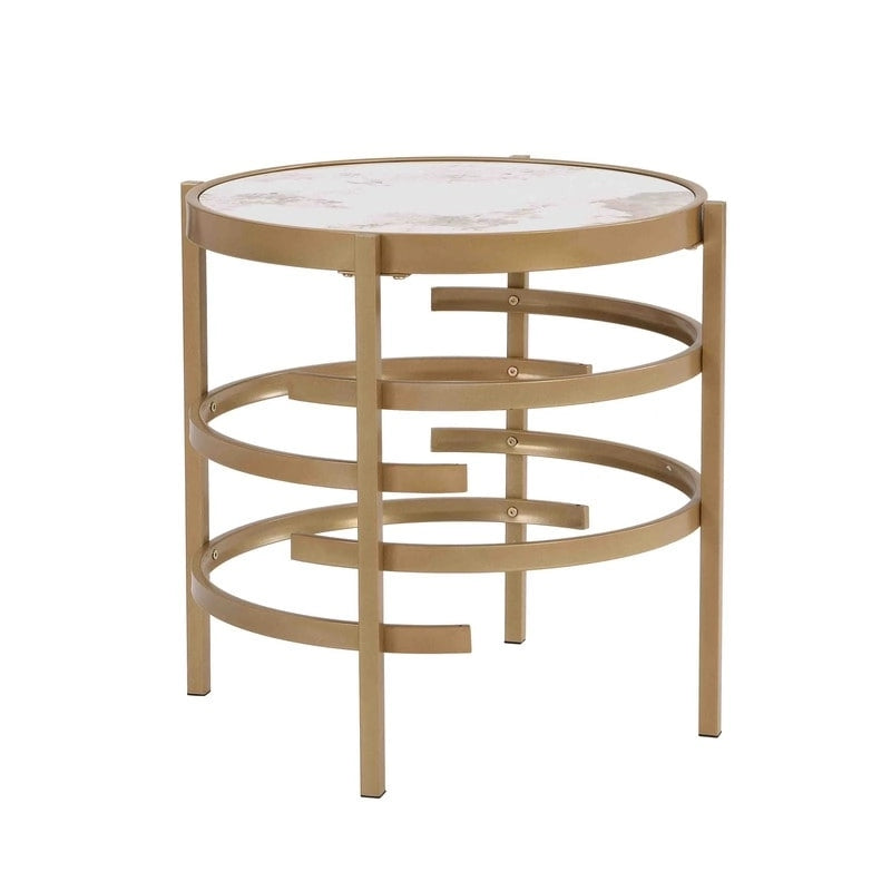 Table d'appoint ronde avec plateau en pierre frittée et piètement métallique en forme d'anneau, gris / argenté / doré