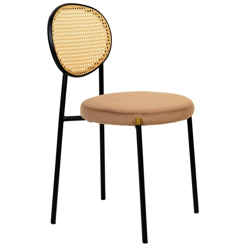 Chaise de salle à manger moderne en velours avec dossier en rotin tressé et piétement en acier à embouts dorés
