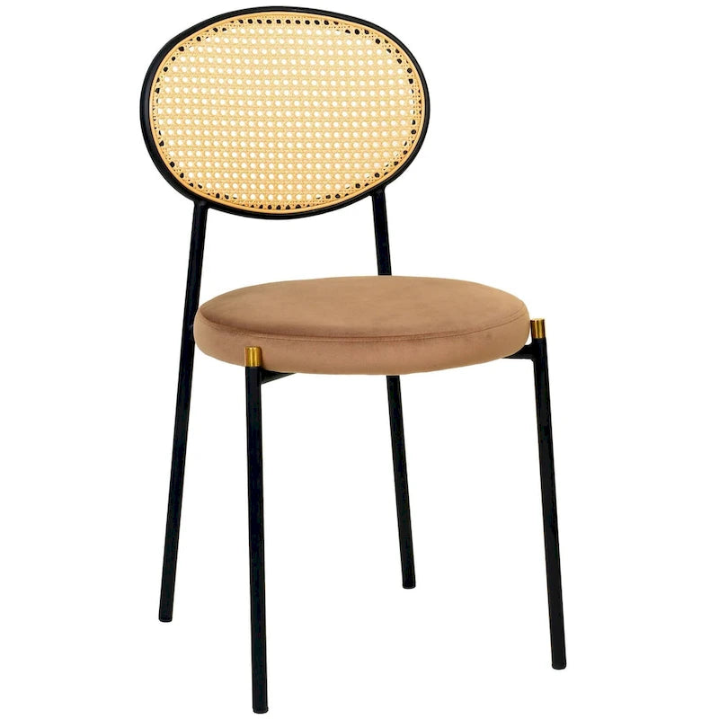 Chaise de salle à manger moderne en velours avec dossier en rotin tressé et piétement en acier à embouts dorés