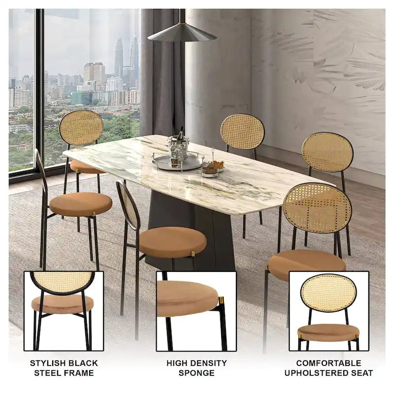 Chaise de salle à manger moderne en velours avec dossier en rotin tressé et piétement en acier à embouts dorés