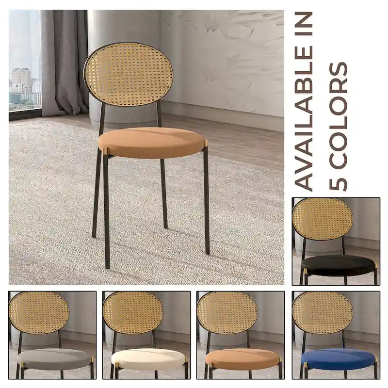 Chaise de salle à manger moderne en velours avec dossier en rotin tressé et piétement en acier à embouts dorés