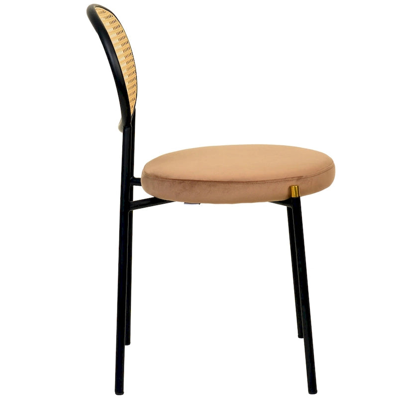 Chaise de salle à manger moderne en velours avec dossier en rotin tressé et piétement en acier à embouts dorés