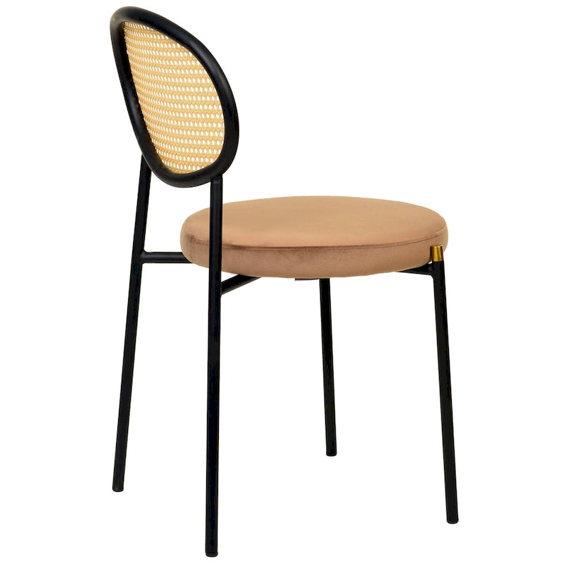 Chaise de salle à manger moderne en velours avec dossier en rotin tressé et piétement en acier à embouts dorés