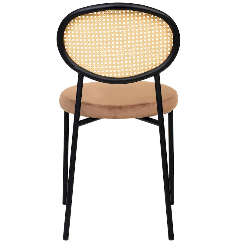 Chaise de salle à manger moderne en velours avec dossier en rotin tressé et piétement en acier à embouts dorés