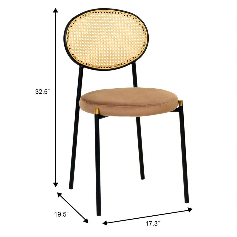 Chaise de salle à manger moderne en velours avec dossier en rotin tressé et piétement en acier à embouts dorés