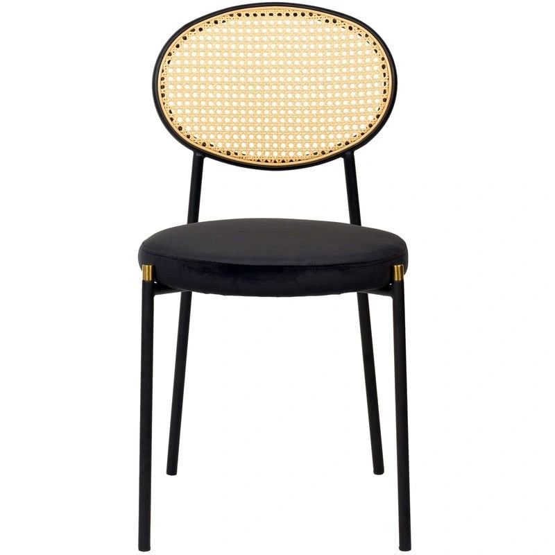 Chaise de salle à manger moderne en velours avec dossier en rotin tressé et piétement en acier à embouts dorés