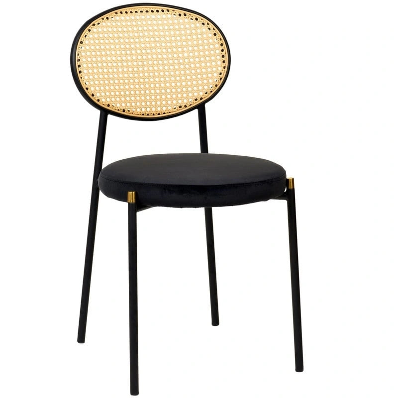 Chaise de salle à manger moderne en velours avec dossier en rotin tressé et piétement en acier à embouts dorés