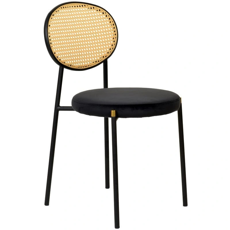 Chaise de salle à manger moderne en velours avec dossier en rotin tressé et piétement en acier à embouts dorés