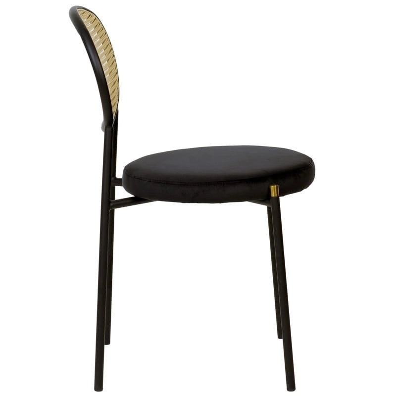 Chaise de salle à manger moderne en velours avec dossier en rotin tressé et piétement en acier à embouts dorés