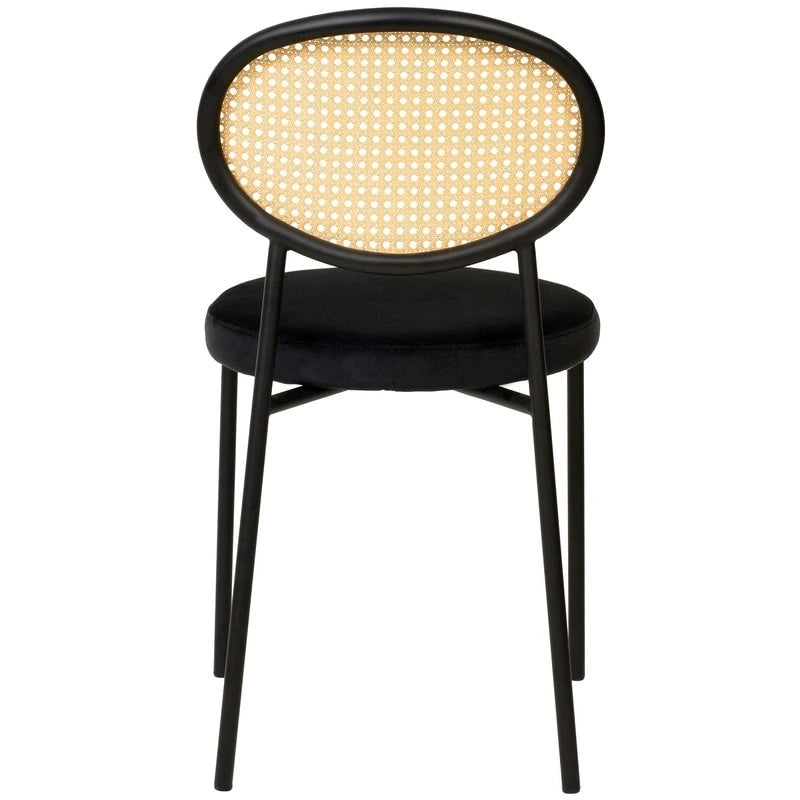 Chaise de salle à manger moderne en velours avec dossier en rotin tressé et piétement en acier à embouts dorés