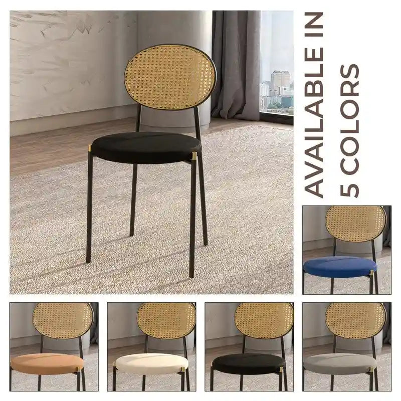 Chaise de salle à manger moderne en velours avec dossier en rotin tressé et piétement en acier à embouts dorés