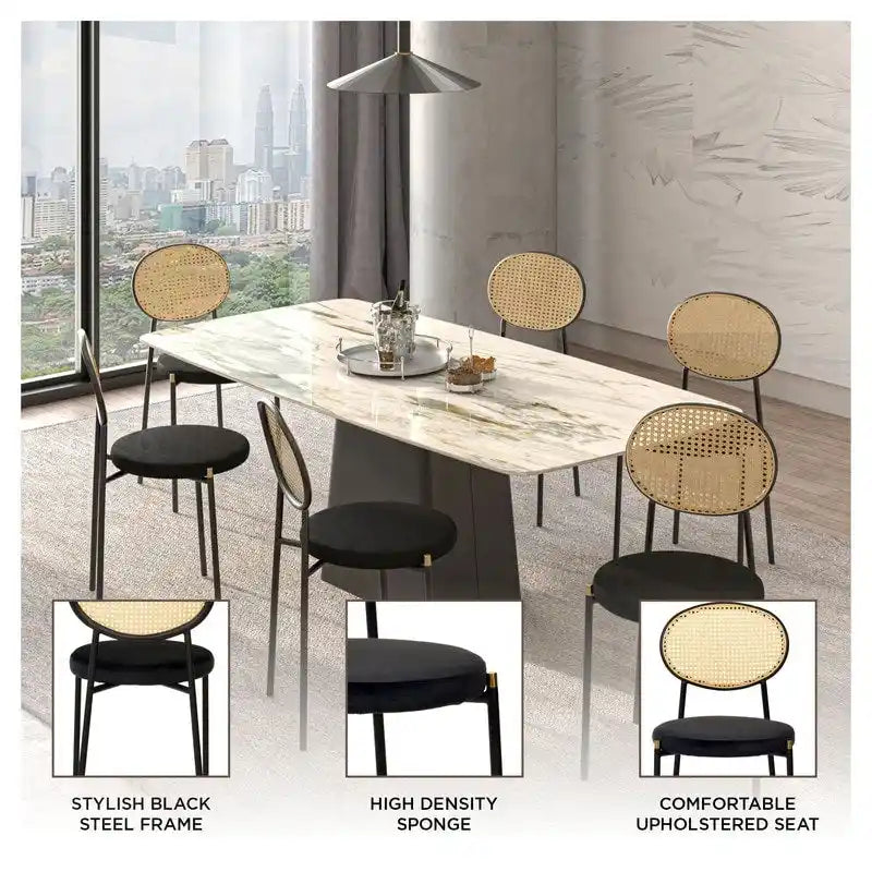 Chaise de salle à manger moderne en velours avec dossier en rotin tressé et piétement en acier à embouts dorés
