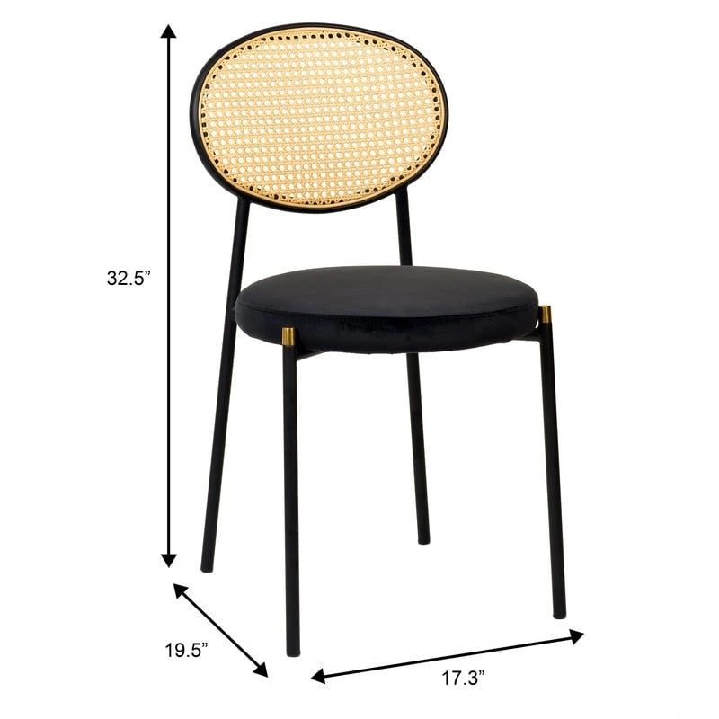 Chaise de salle à manger moderne en velours avec dossier en rotin tressé et piétement en acier à embouts dorés