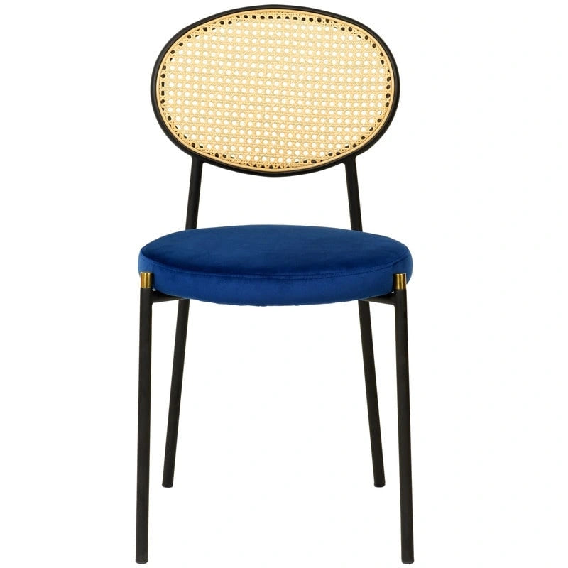 Chaise de salle à manger moderne en velours avec dossier en rotin tressé et piétement en acier à embouts dorés