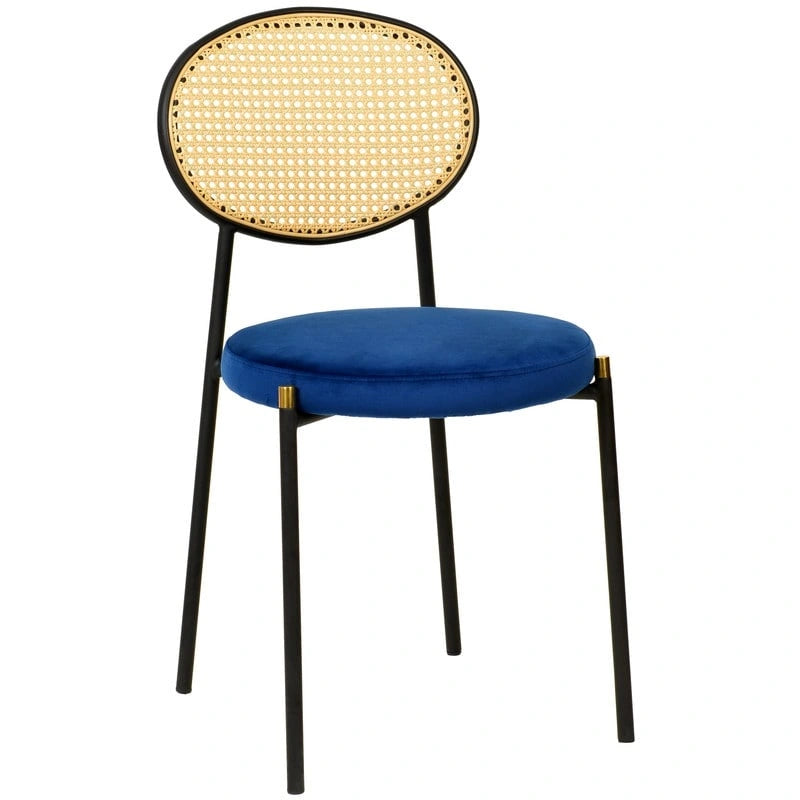 Chaise de salle à manger moderne en velours avec dossier en rotin tressé et piétement en acier à embouts dorés