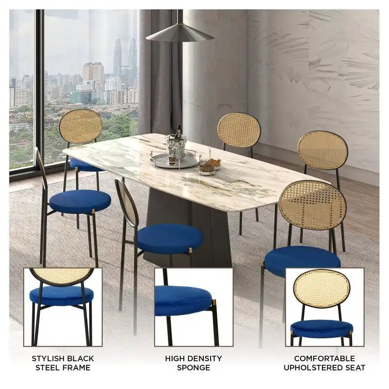 Chaise de salle à manger moderne en velours avec dossier en rotin tressé et piétement en acier à embouts dorés