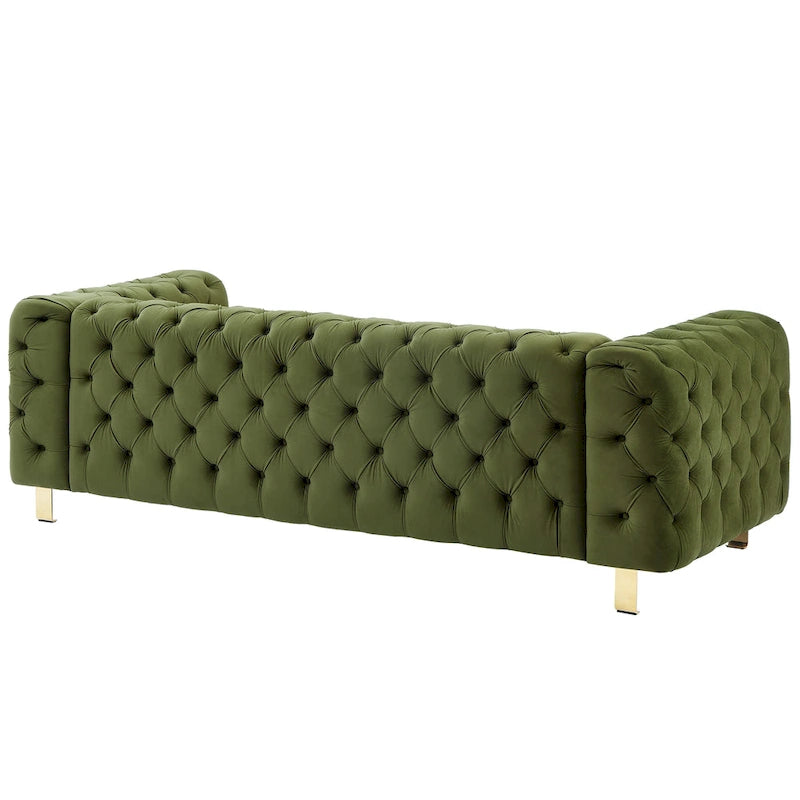 Canapé 3 places en velours capitonné avec pieds en fer dorés, Gris, Noir, Vert