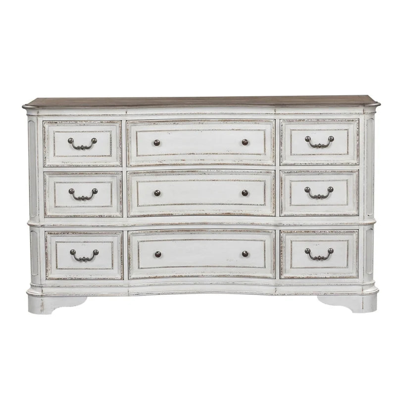 Commode antique blanc cassé à façade galbée, 9 tiroirs, avec plateau effet écorce vieillie