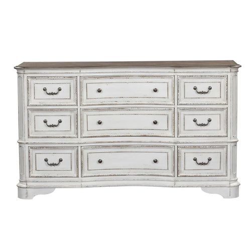Commode antique blanc cassé à façade galbée, 9 tiroirs, avec plateau effet écorce vieillie