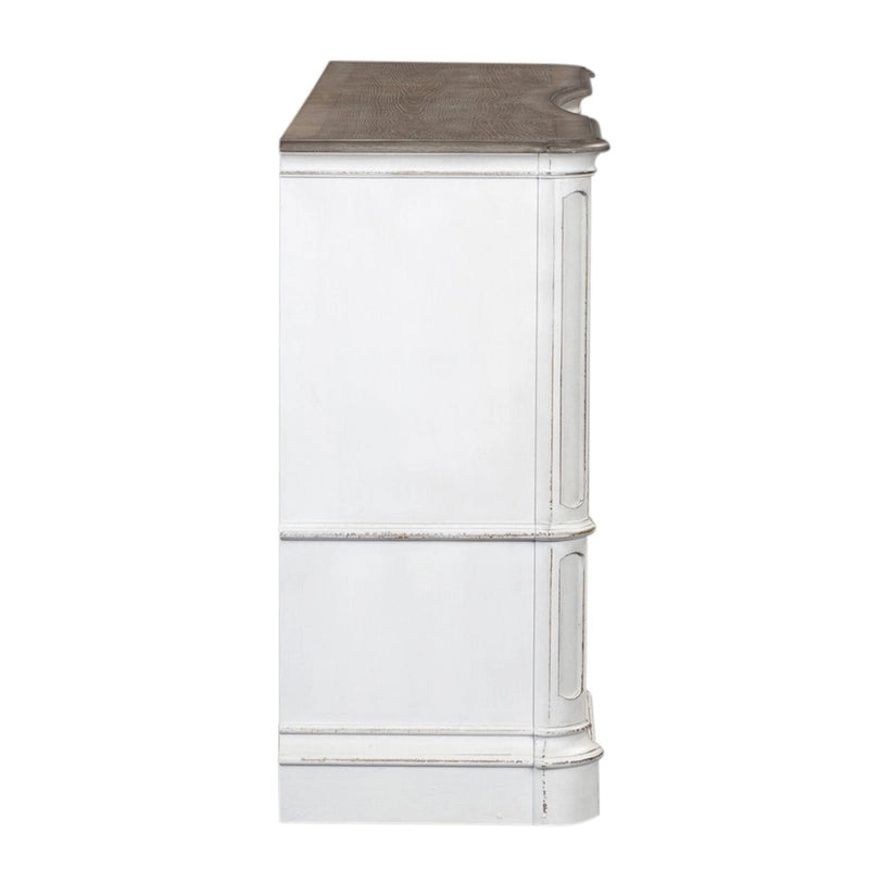 Commode antique blanc cassé à façade galbée, 9 tiroirs, avec plateau effet écorce vieillie