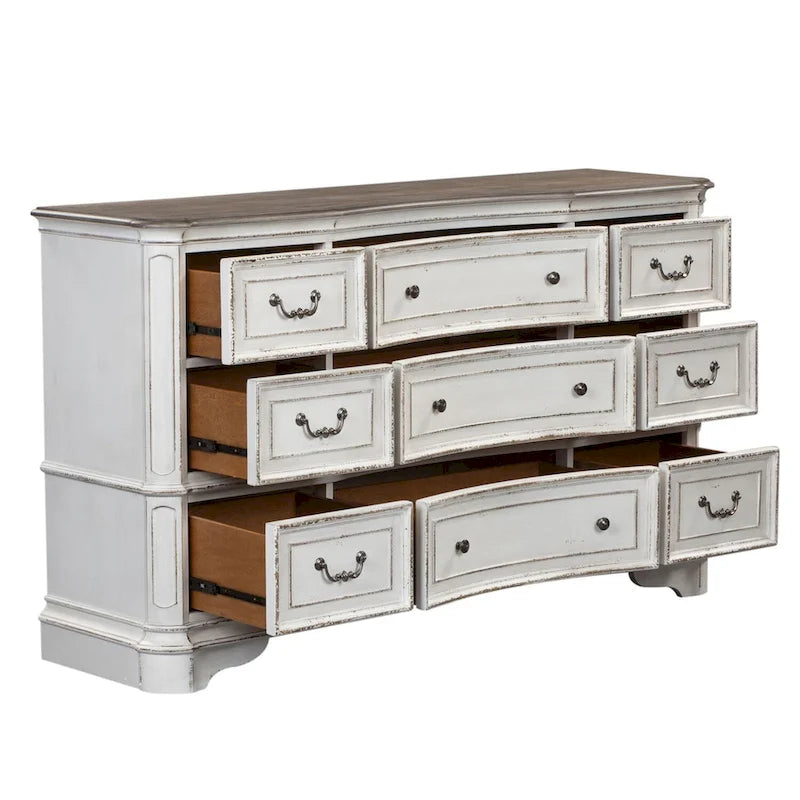 Commode antique blanc cassé à façade galbée, 9 tiroirs, avec plateau effet écorce vieillie