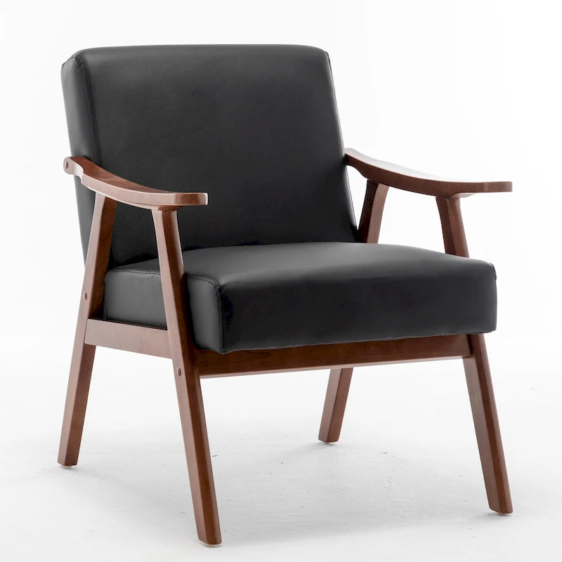 Fauteuil d'appoint noir en similicuir style Mid-Century Modern avec cadre en bois massif