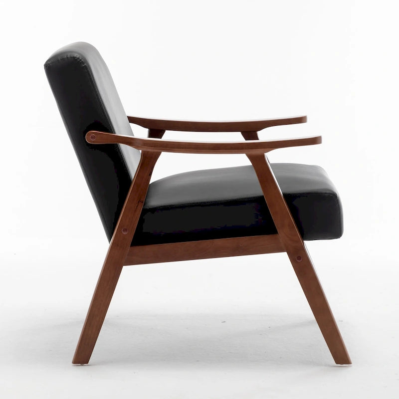 Fauteuil d'appoint noir en similicuir style Mid-Century Modern avec cadre en bois massif