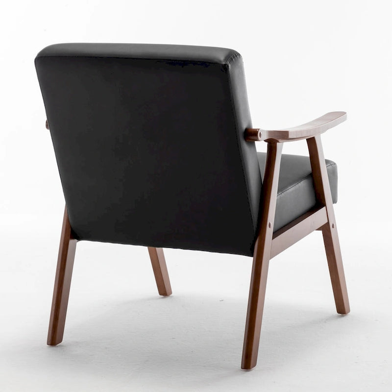 Fauteuil d'appoint noir en similicuir style Mid-Century Modern avec cadre en bois massif