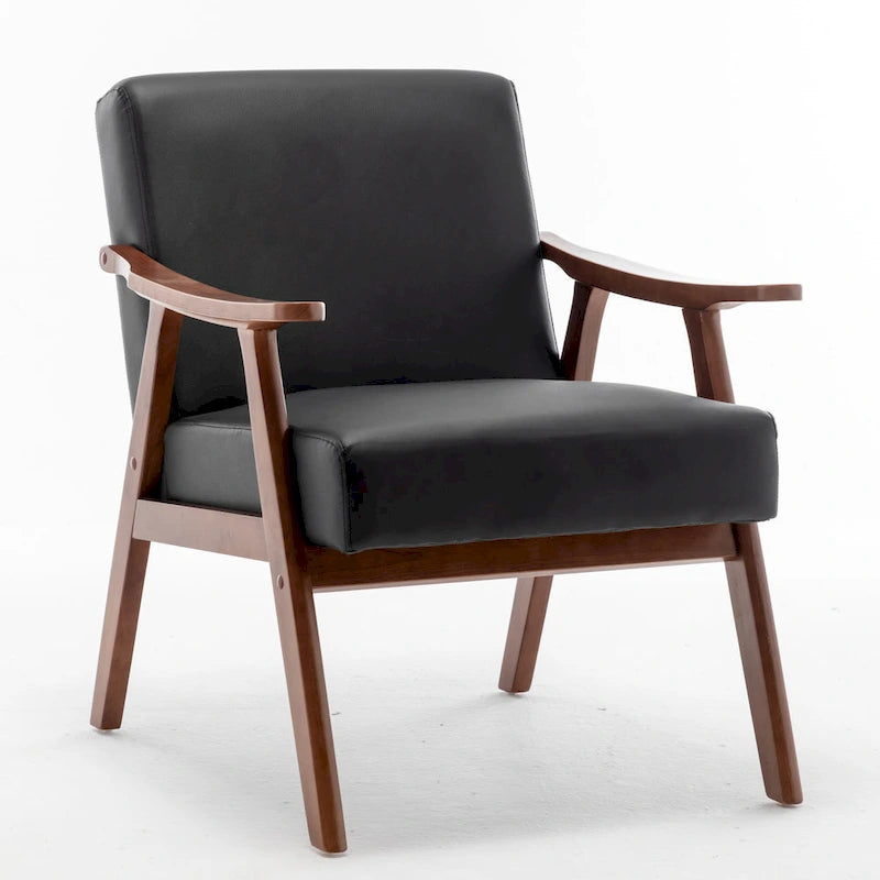 Fauteuil d'appoint noir en similicuir style Mid-Century Modern avec cadre en bois massif