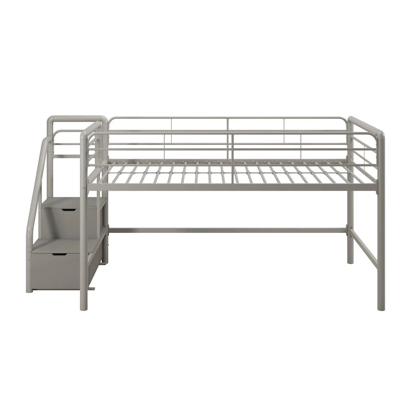 Lit mezzanine jumeau Junior en métal argenté avec rangements escaliers