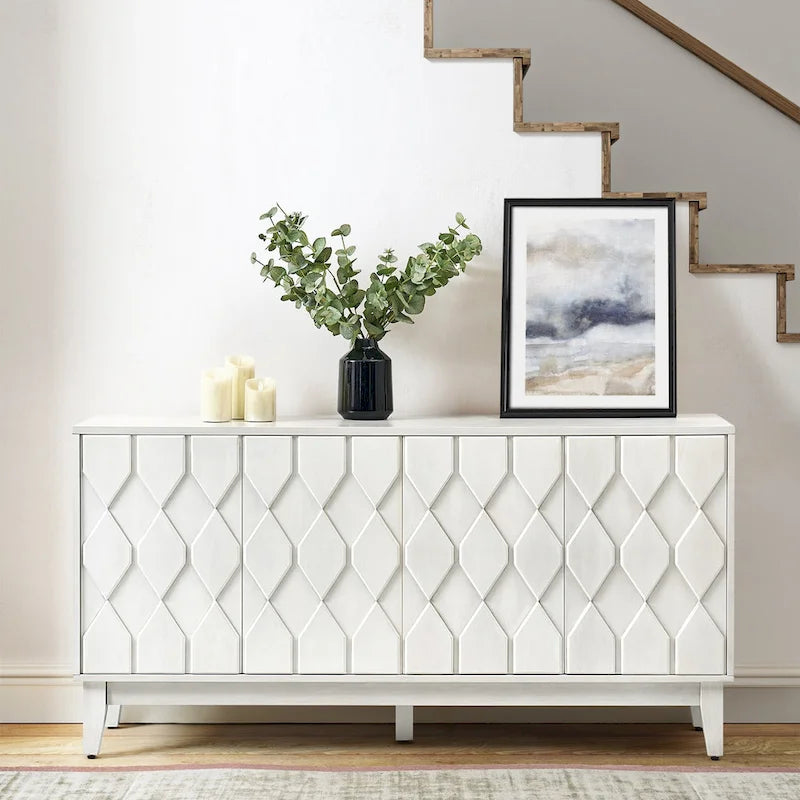 Enfilade Moderne Milieu de Siècle avec Portes à Relief Géométrique Noyer Blanc