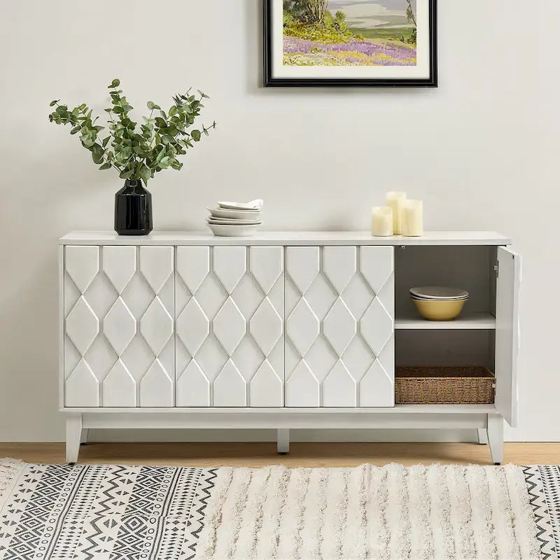 Enfilade Moderne Milieu de Siècle avec Portes à Relief Géométrique Noyer Blanc