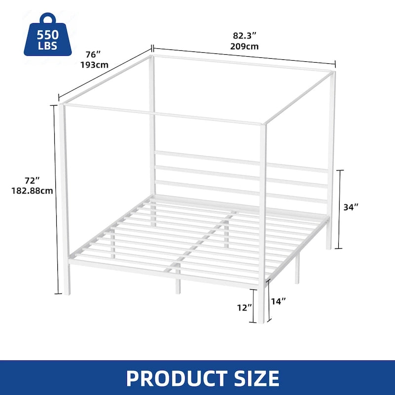Cadre de lit plateforme baldaquin en métal, finition blanc mat, taille King