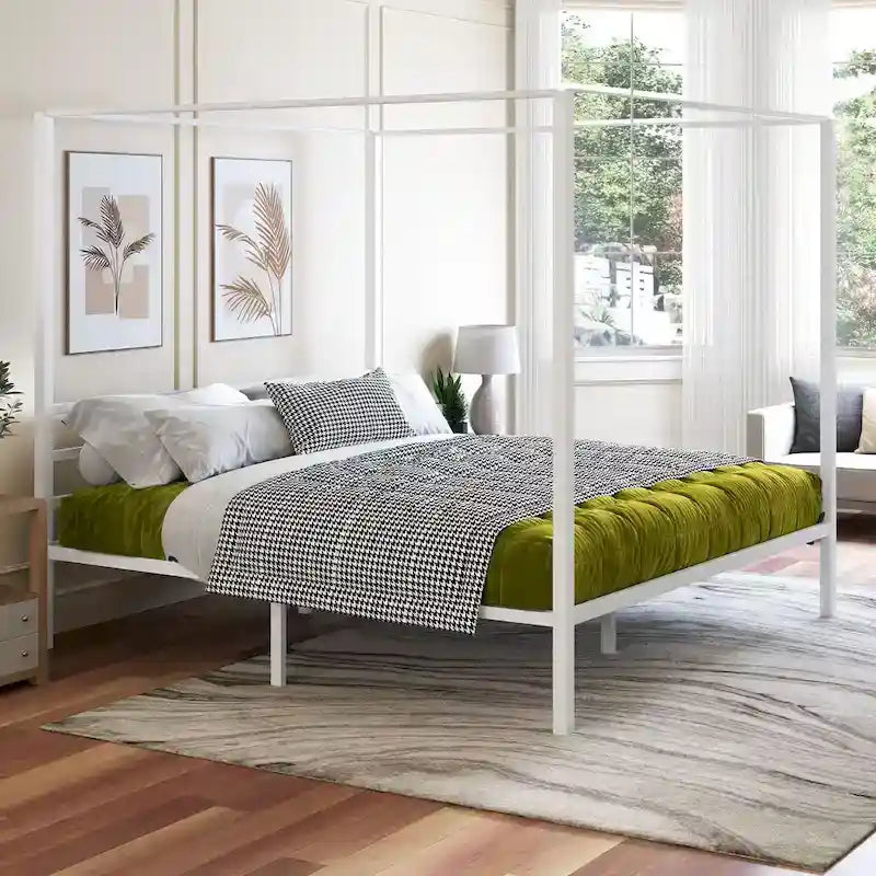 Cadre de lit plateforme baldaquin en métal, finition blanc mat, taille King