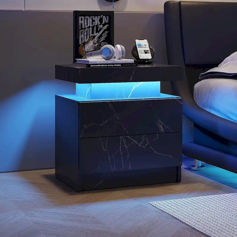 Table de chevet moderne avec finition marbre, lumières LED et 2 tiroirs