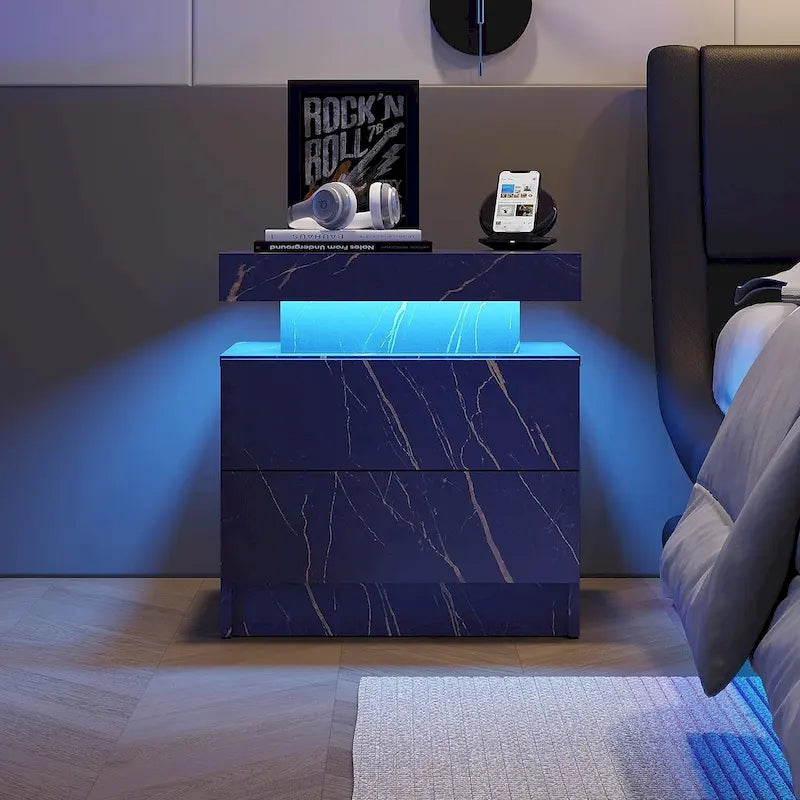 Table de chevet moderne avec finition marbre, lumières LED et 2 tiroirs