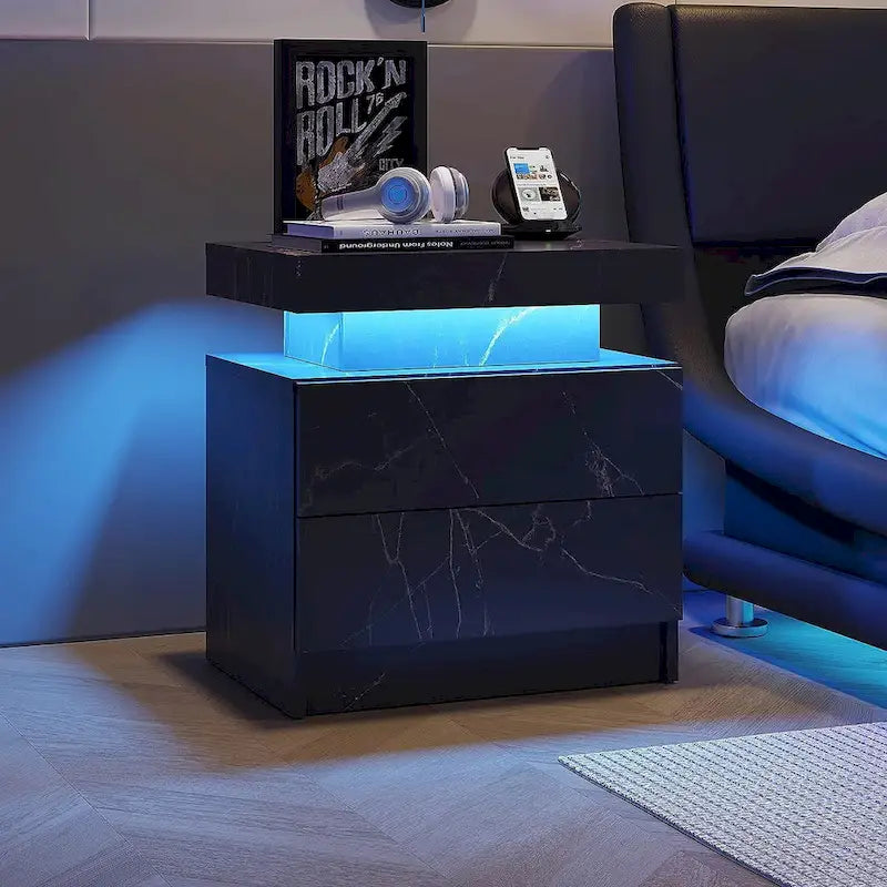 Table de chevet moderne avec finition marbre, lumières LED et 2 tiroirs
