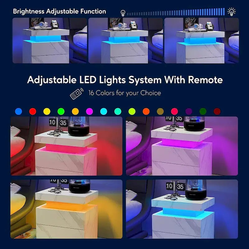 Table de chevet moderne avec finition marbre, lumières LED et 2 tiroirs