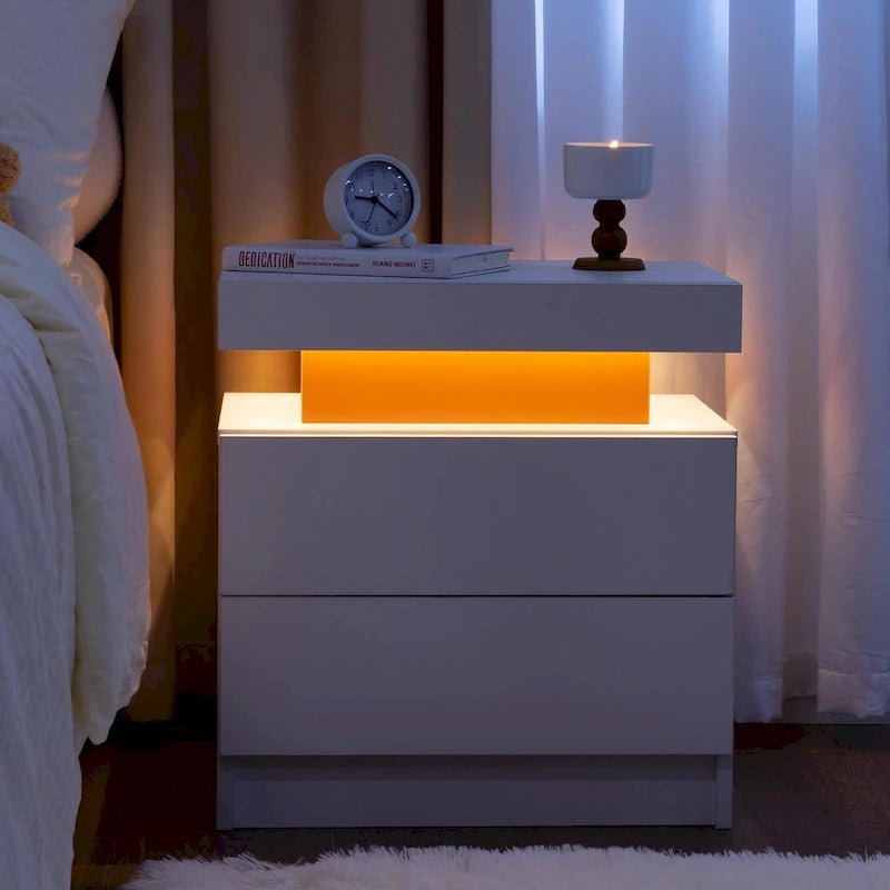 Table de chevet moderne avec finition marbre, lumières LED et 2 tiroirs