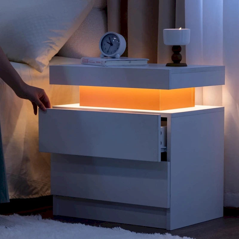 Table de chevet moderne avec finition marbre, lumières LED et 2 tiroirs