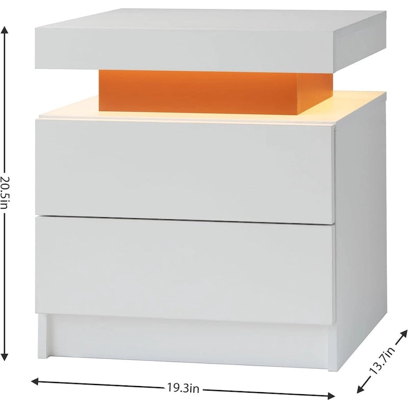 Table de chevet moderne avec finition marbre, lumières LED et 2 tiroirs
